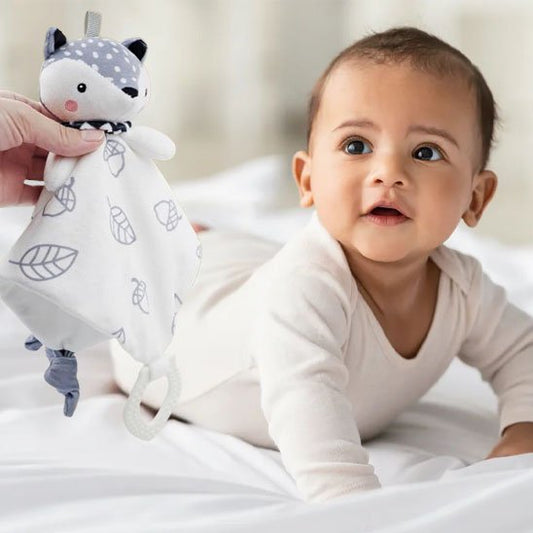 "Doudou peluche ultra-doux en forme de lapin avec étiquettes sensorielles pour bébé"